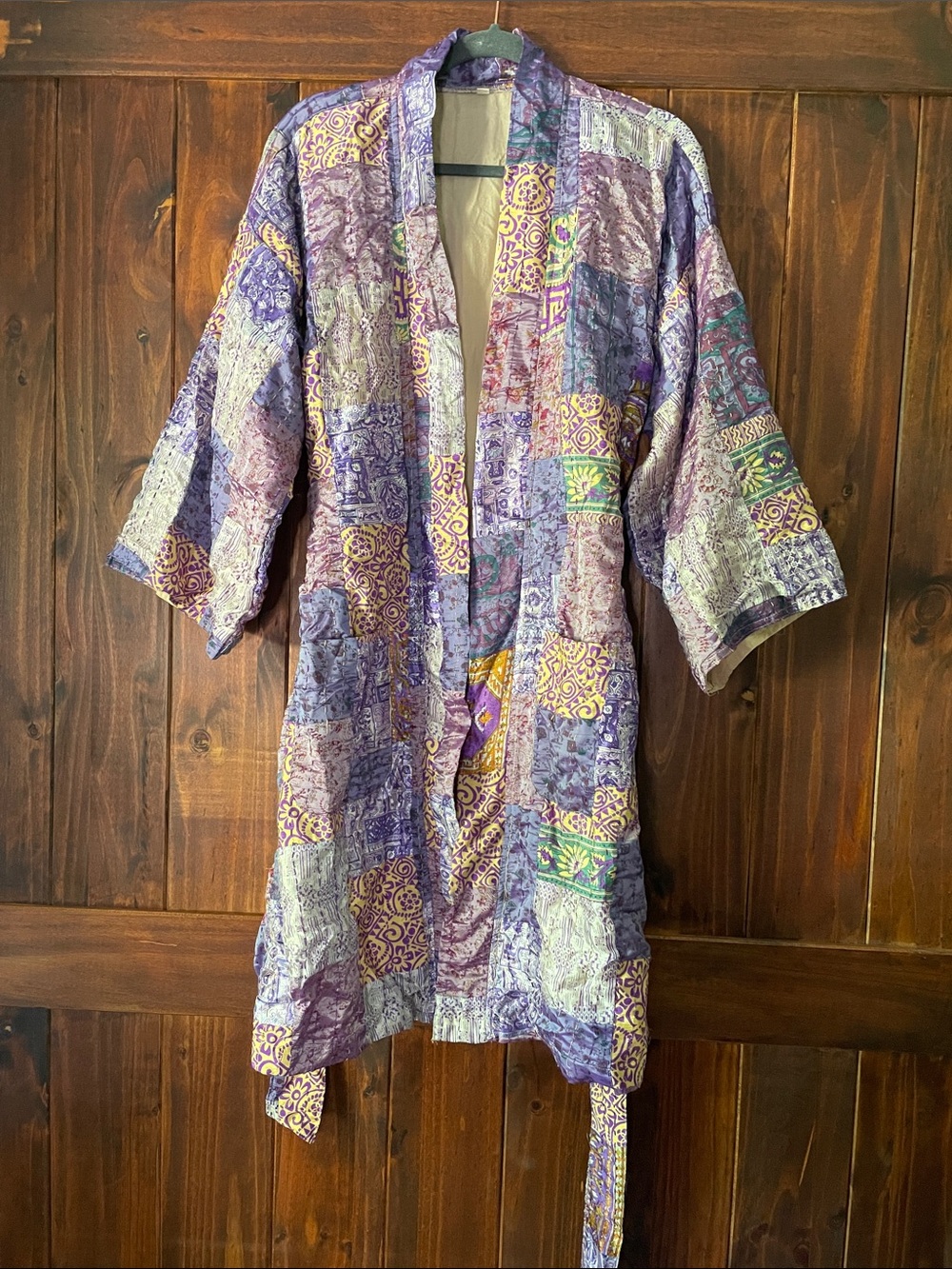 Purple Patchwork Kimono-Style Robe with Tie